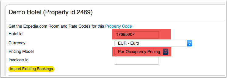 Expedia settings in Beds24 with hotel ID, price model and acquisition type