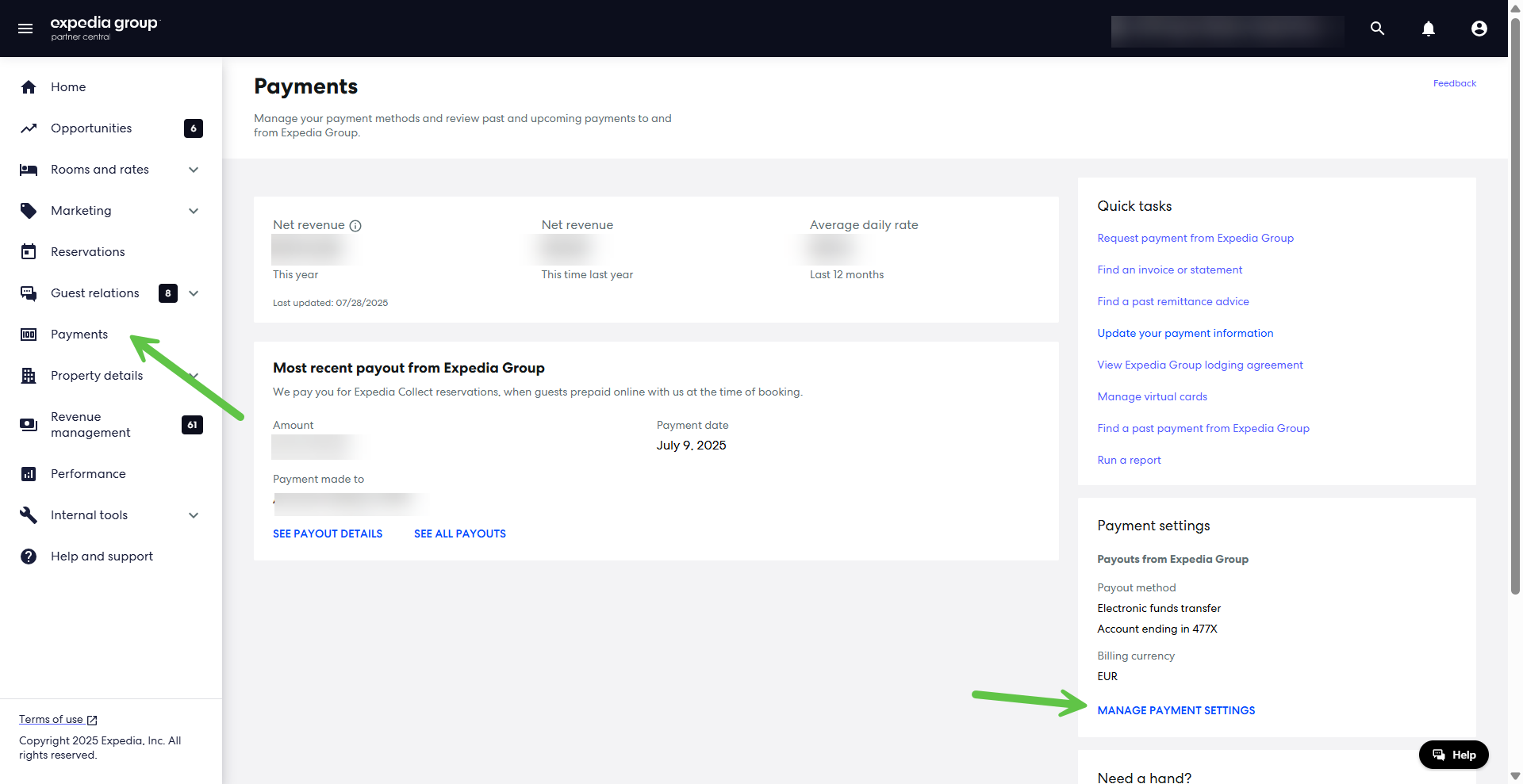 Expedia virtual card setting in the Expedia extranet