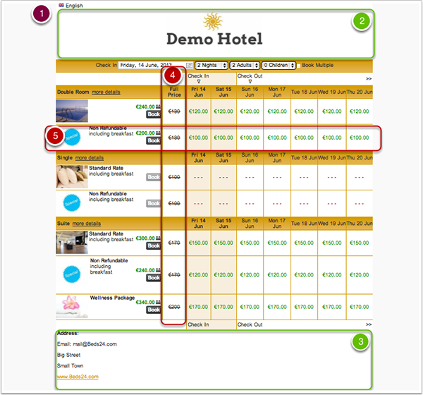 Adaptive booking page with numbered content areas