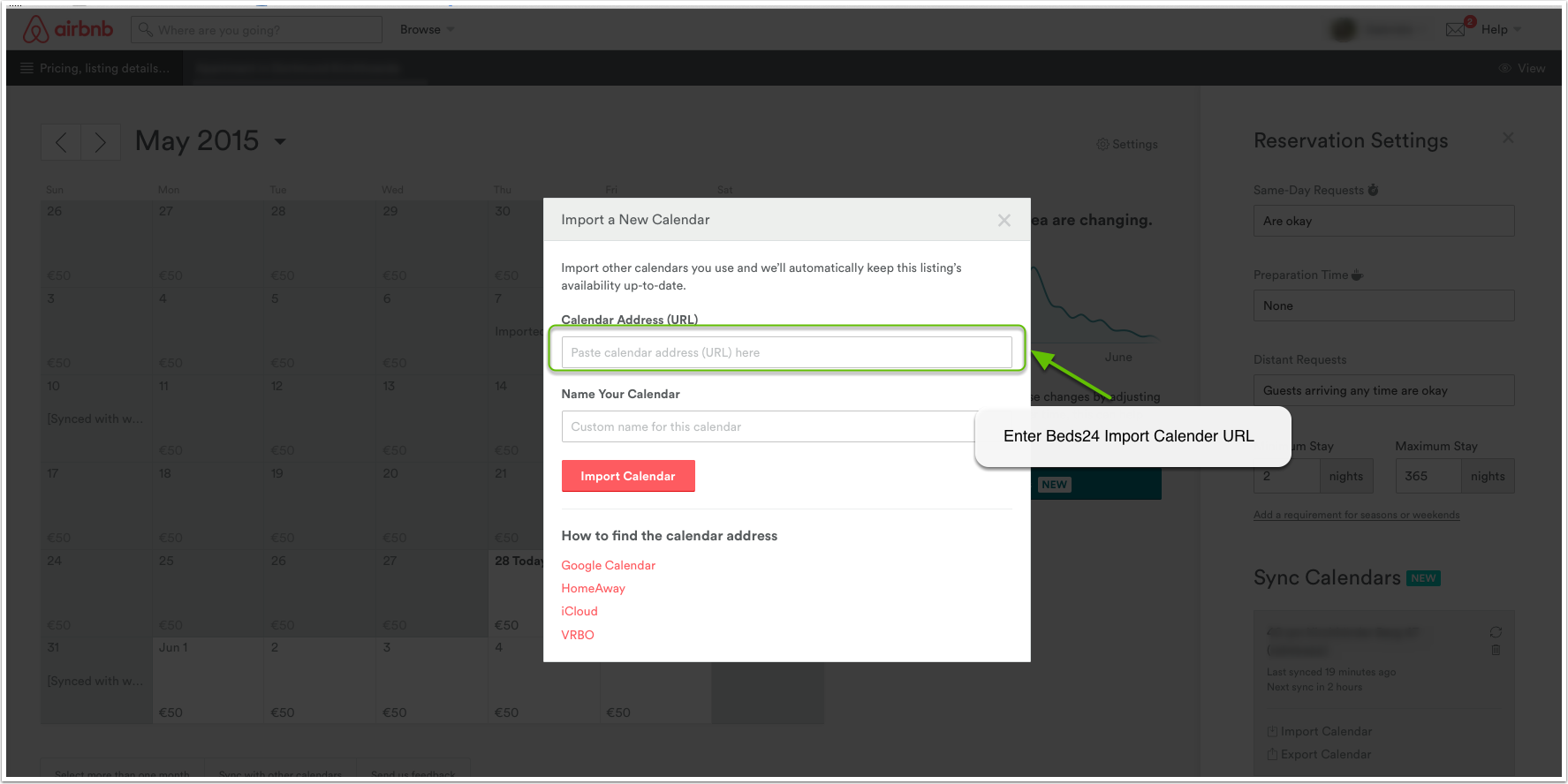 Paste the Beds24 calendar URL in Airbnb