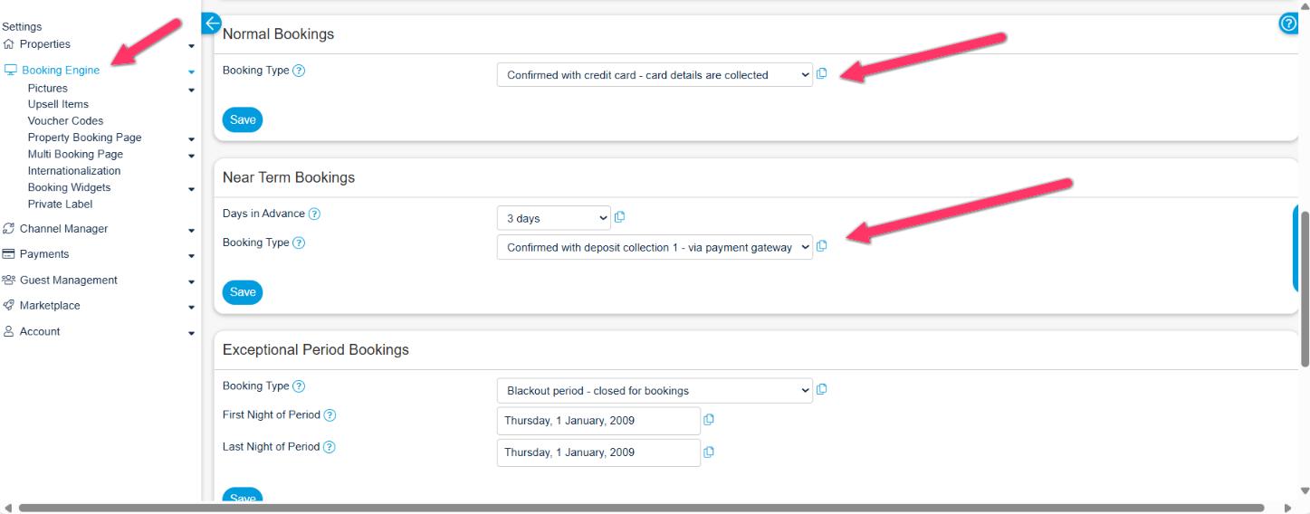 Booking type setting for credit card collection in the booking rules