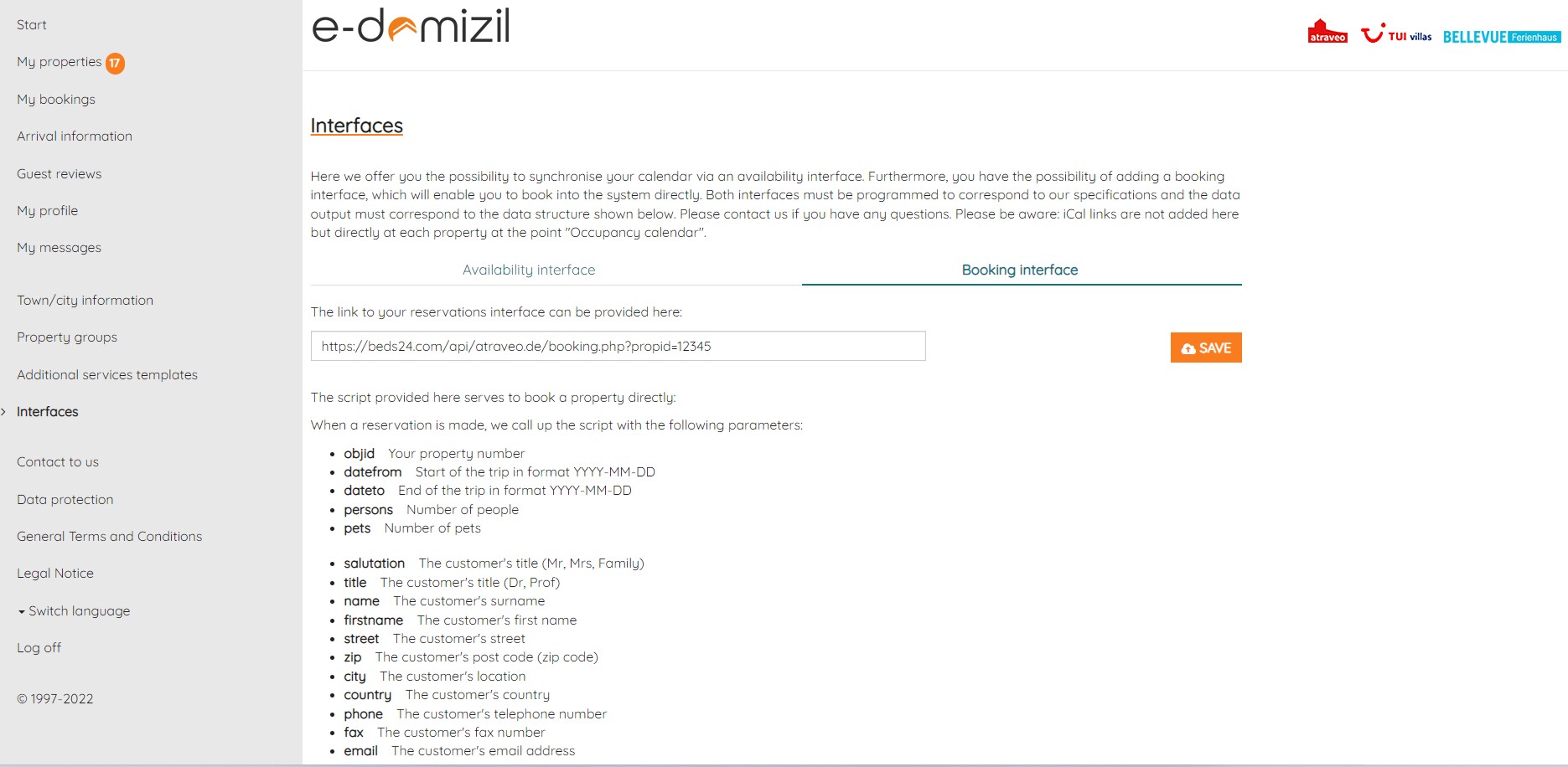 Booking interface URL in Atraveo