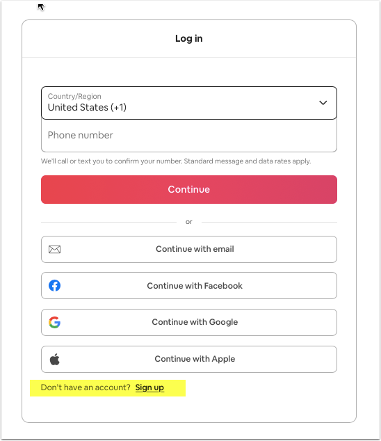 Airbnb sign up screen