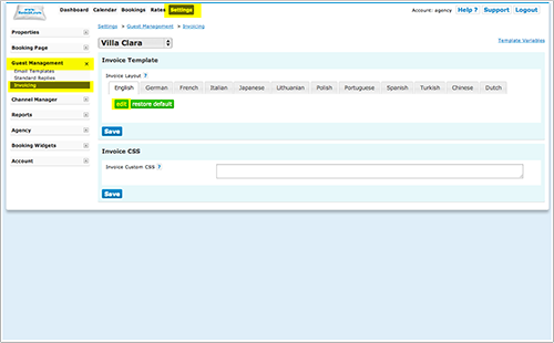 Opening the invoice template editor