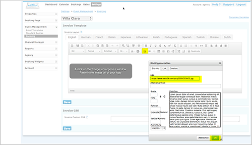 Image window in the invoice editor with the logo URL
