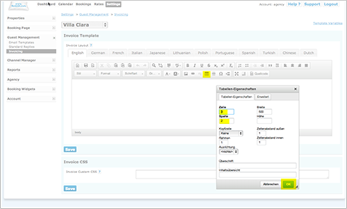 Table settings in the invoice editor
