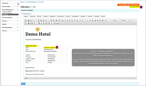 Template variables inserted in the invoice template