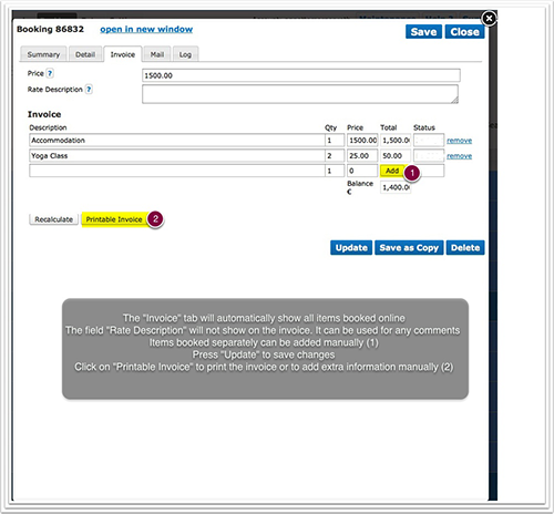 Invoice tab with manually added items and the Printable Invoice button