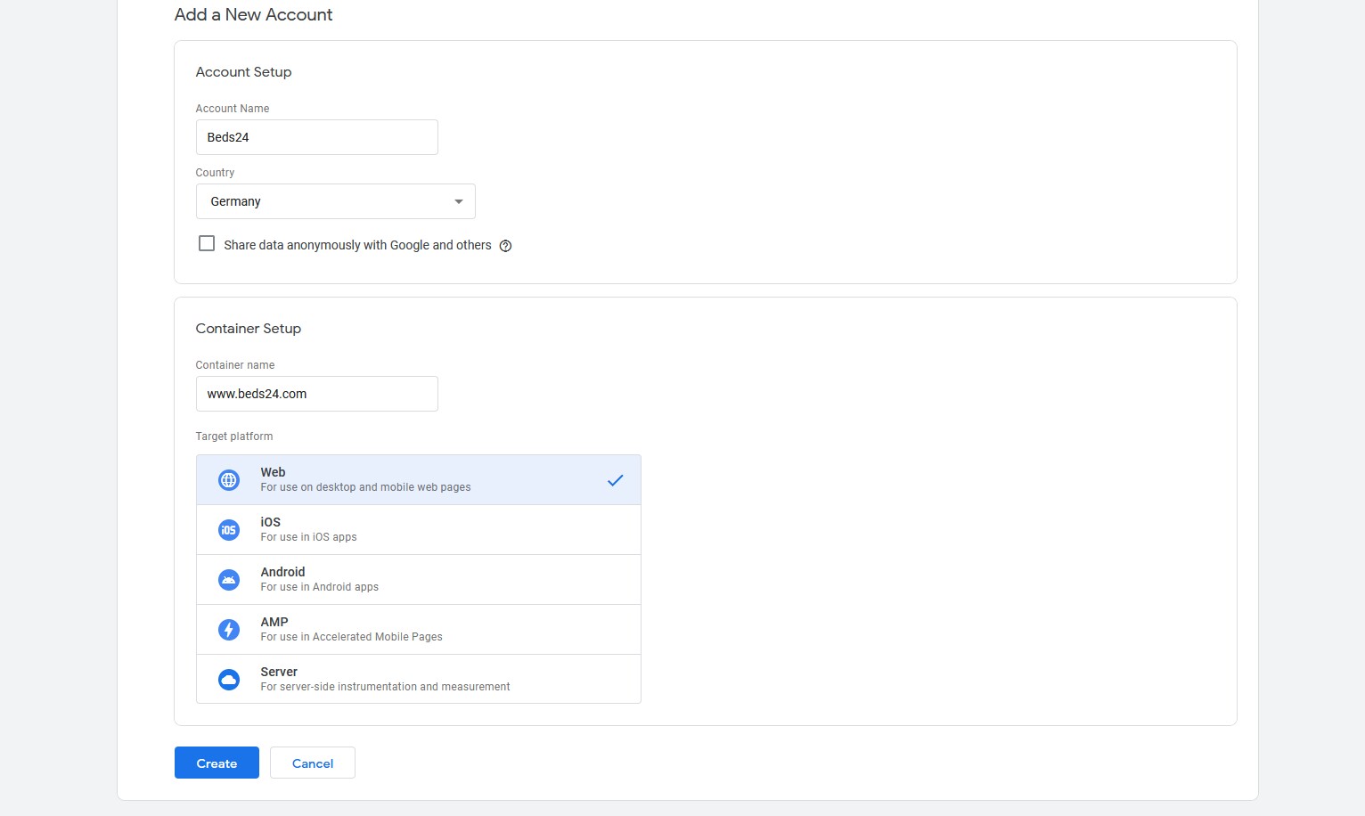 Add New Account form in Google Tag Manager