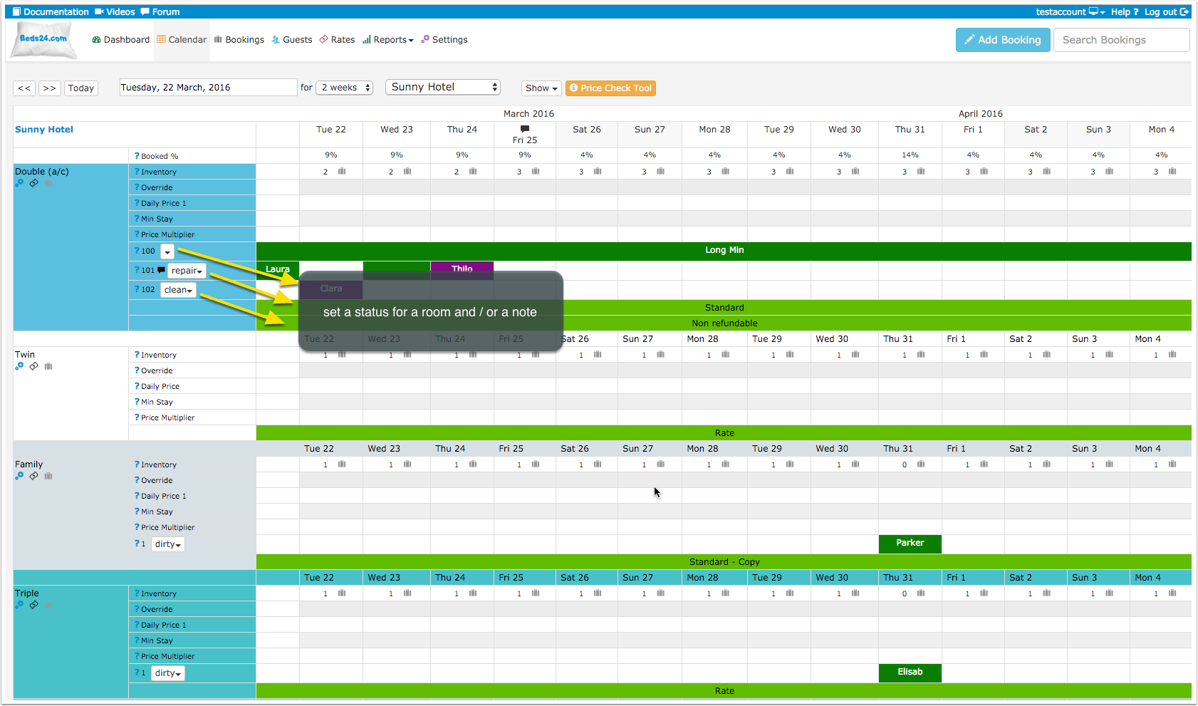 Unit status selector and note in the Calendar