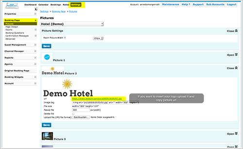 Uploading a logo and copying the picture URL in Booking Engine Pictures