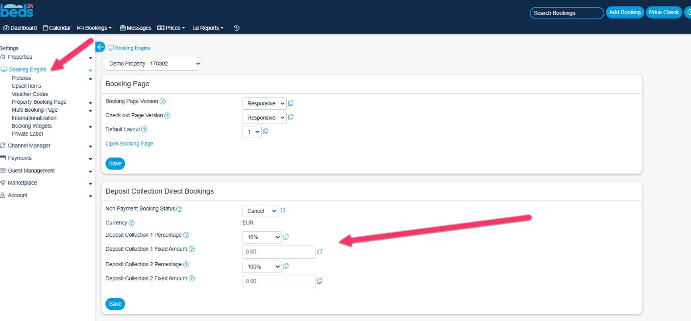 Deposit collection settings with Non Payment Booking Status and amount
