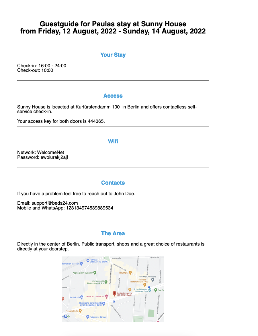 Example guest guide created from a booking template