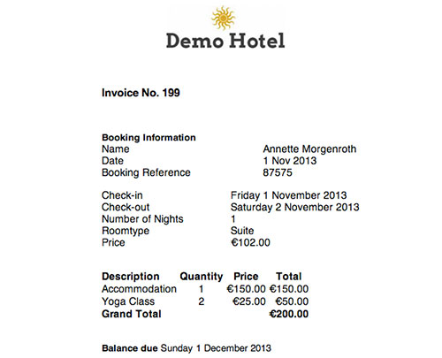 Example invoice generated from the Beds24 invoice template