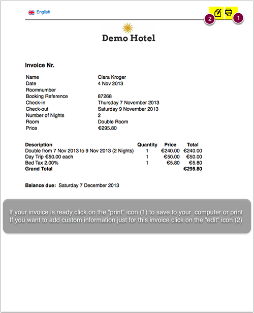 Invoice preview with the print and edit icons