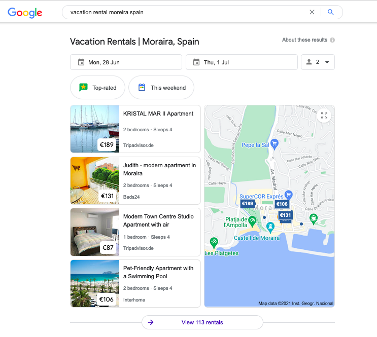 Vacation rental listing in Google search results