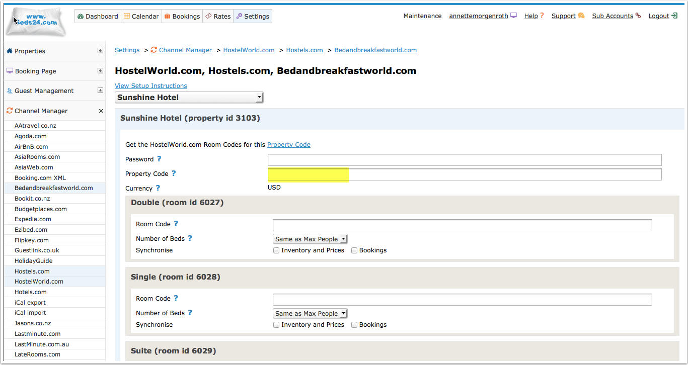 Hostelworld ID, API password and currency settings in Beds24