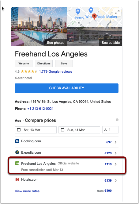 Hotel ad with the highest bidders and the More link