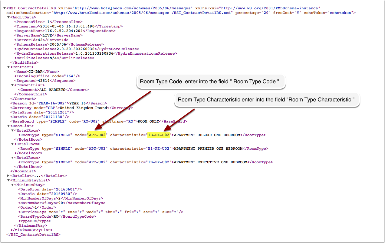 Hotelbeds room code and room characteristic fields