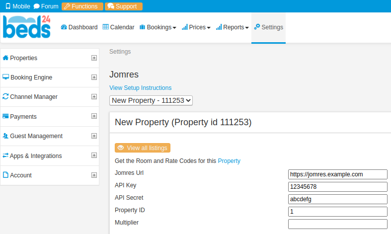 Jomres Property ID field on the Beds24 Jomres setup page