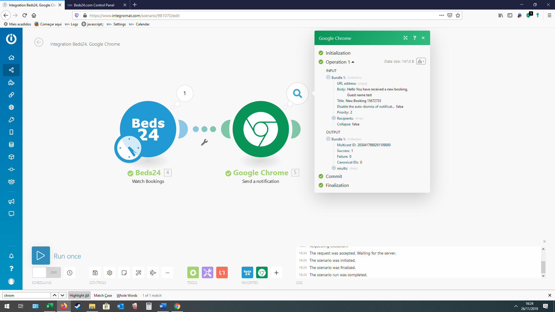 Make scenario with Beds24 and Google Chrome modules