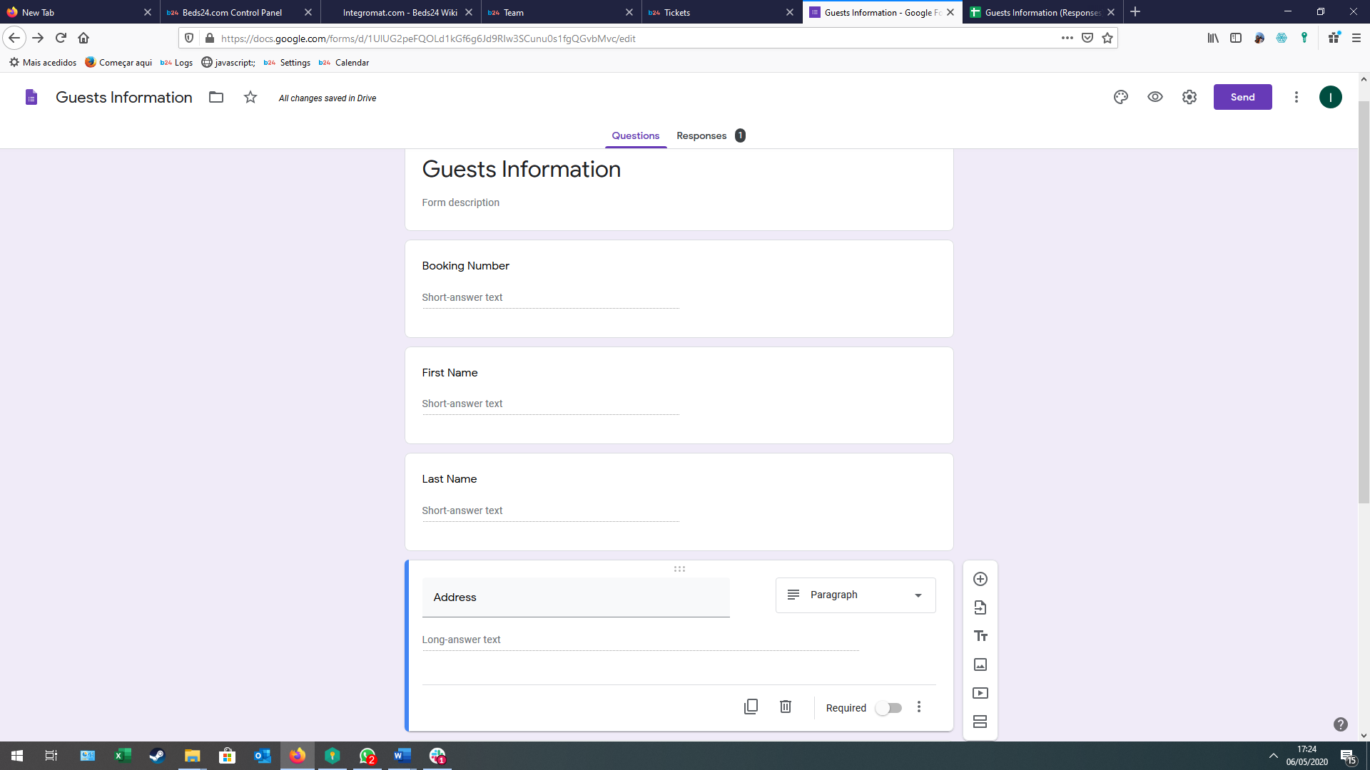 Guests Information Google Form with its questions