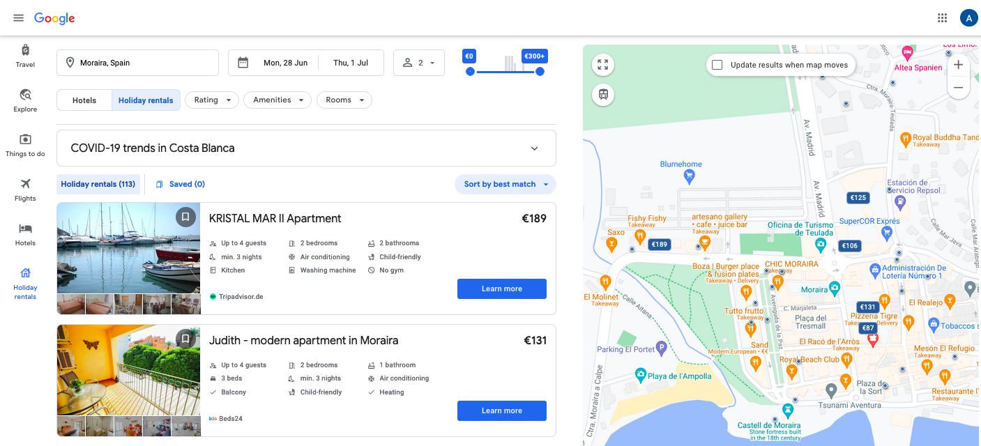 Vacation rental listing details on Google