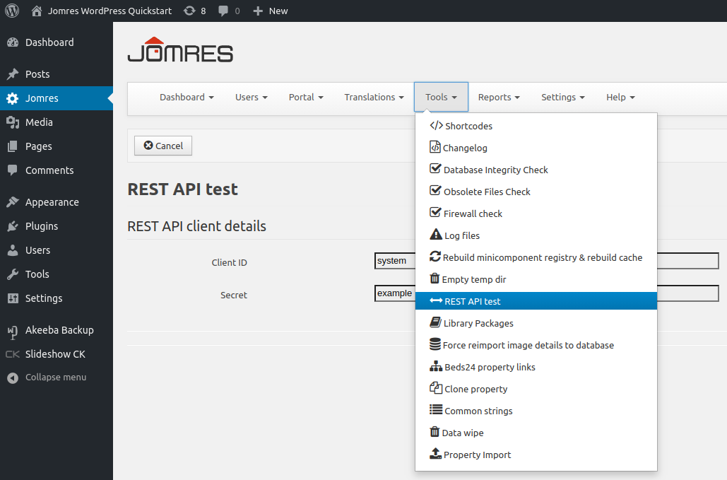 Jomres REST API test page with the System Client ID and Secret