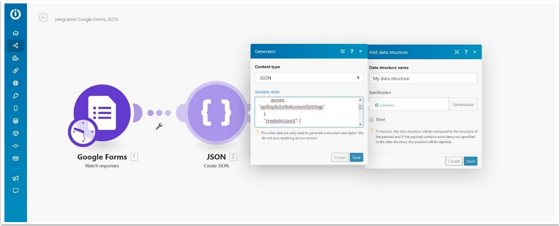 Google Forms connection settings in Make