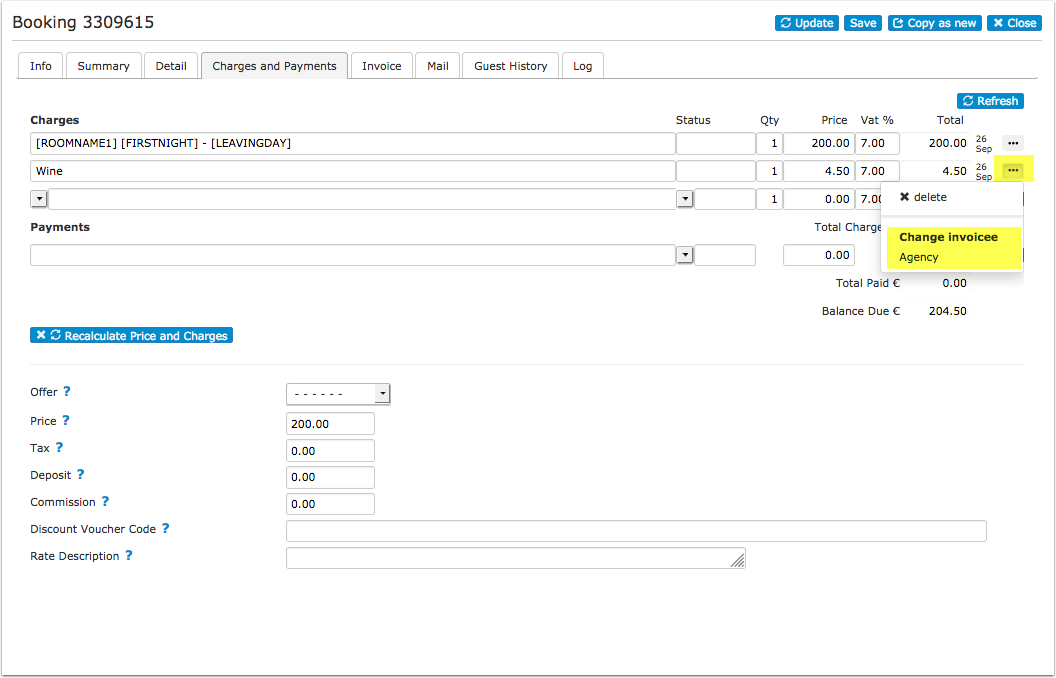 Assigning a charge to an invoicee in the Charges and Payments tab