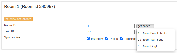 Room ID, Tariff ID and sync boxes on the Beds24 Jomres setup page