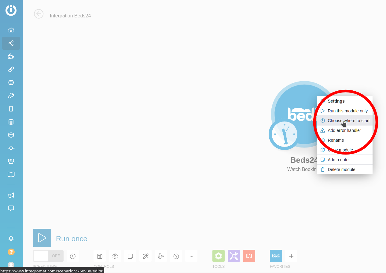 Choose where to start option on the Beds24 Watch Bookings module in Make