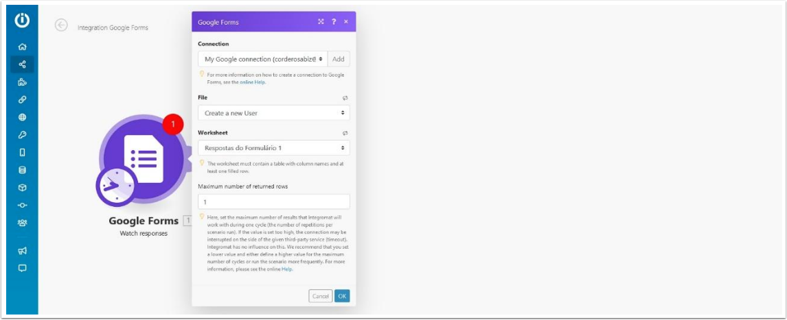 Google Forms Watch Responses module in Make