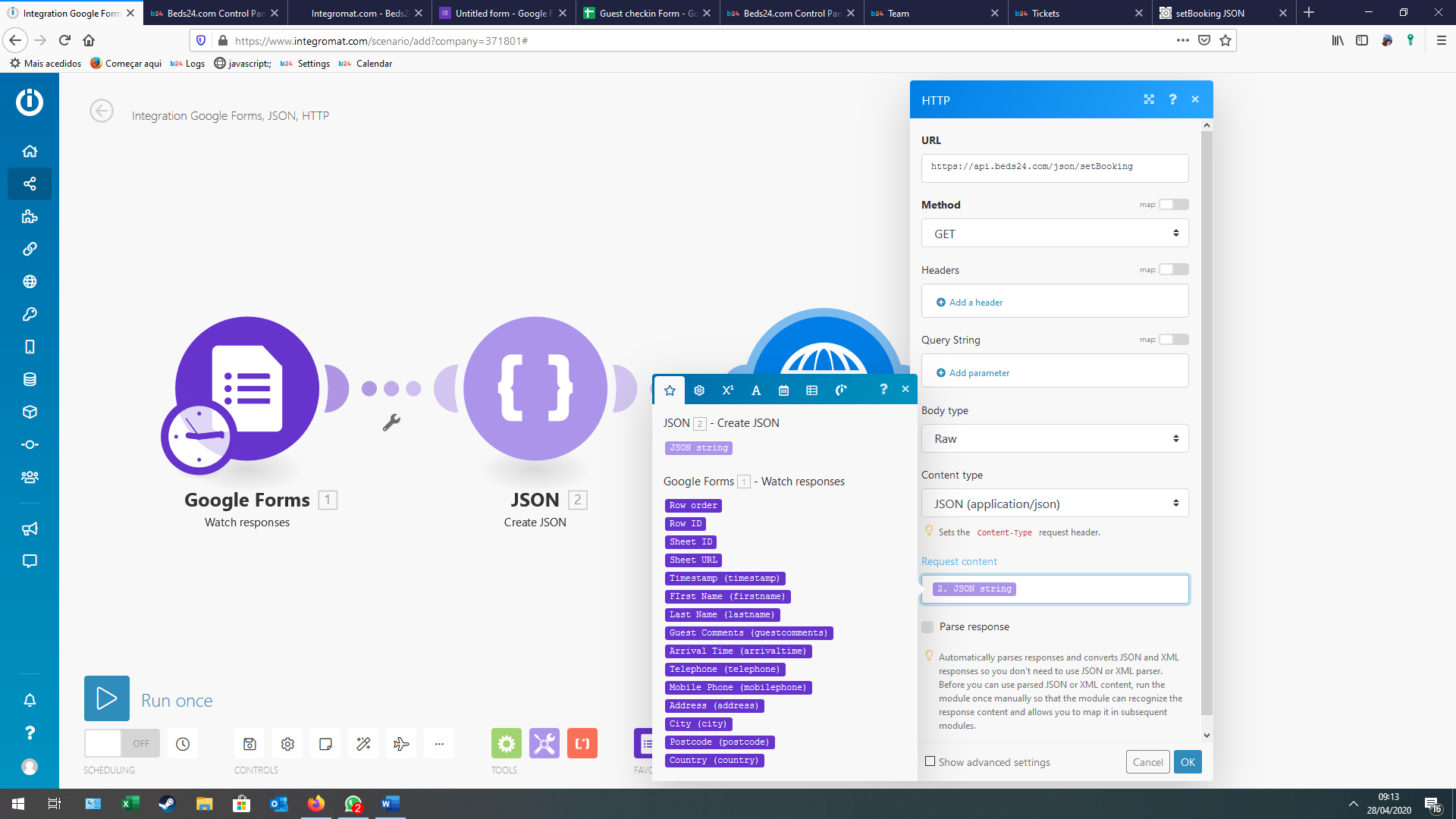 Google Form variables mapped to booking fields in the JSON module