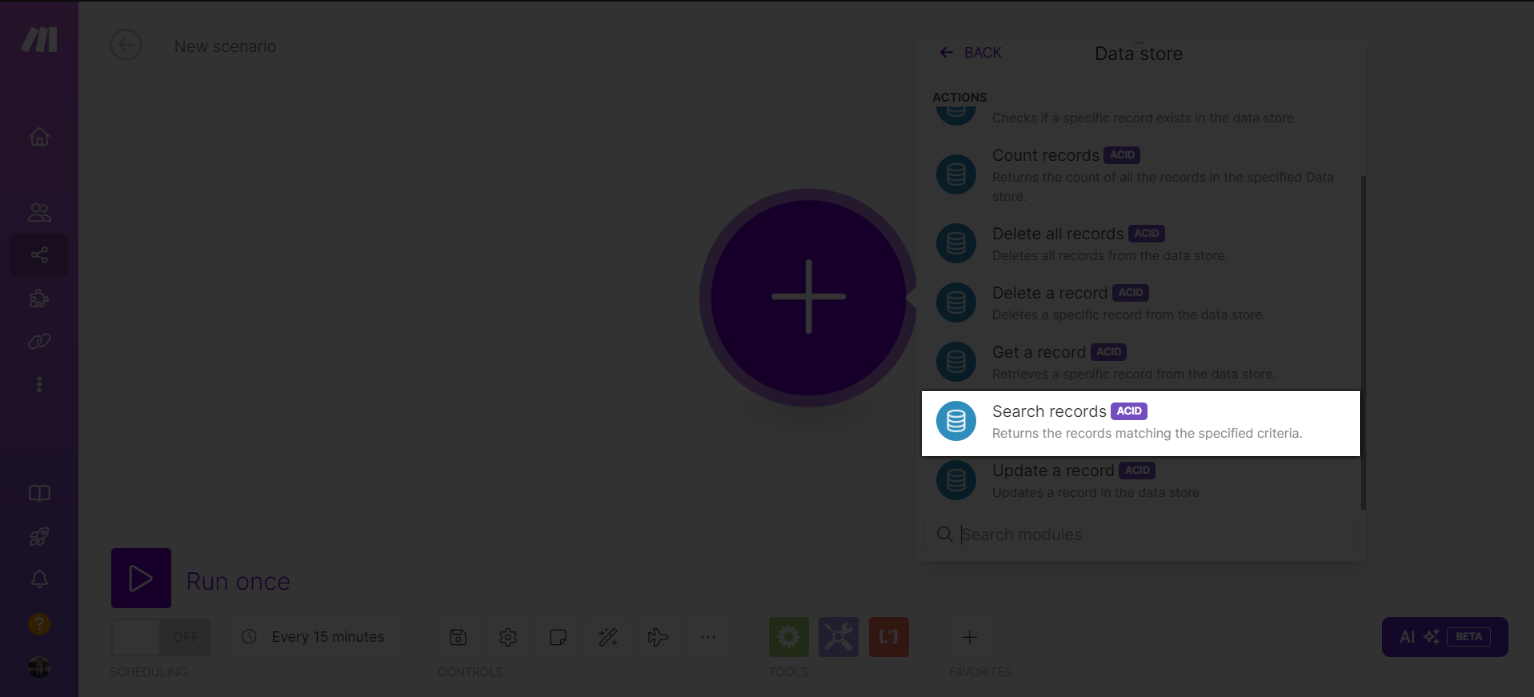 Data Store Search Record module in Make
