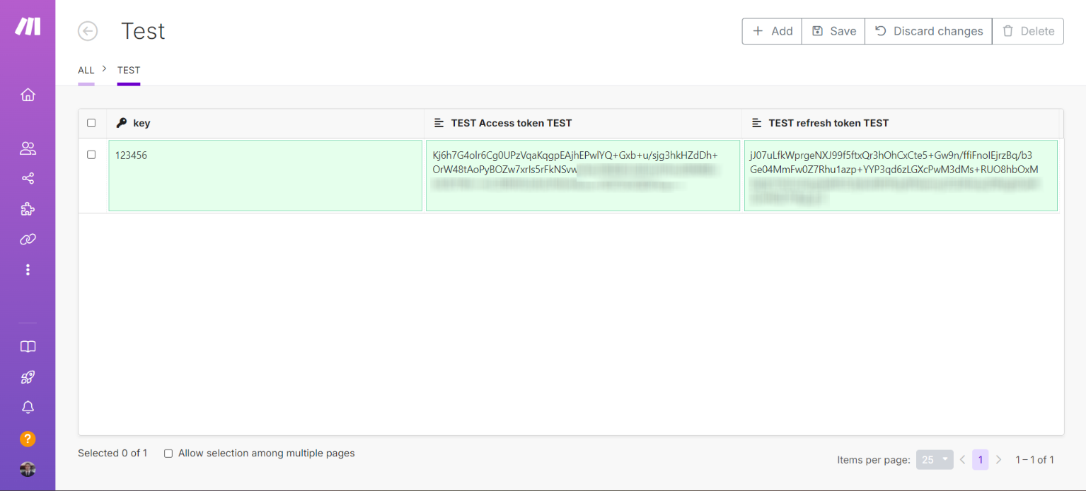 Access Token and Refresh Token fields in the data store record