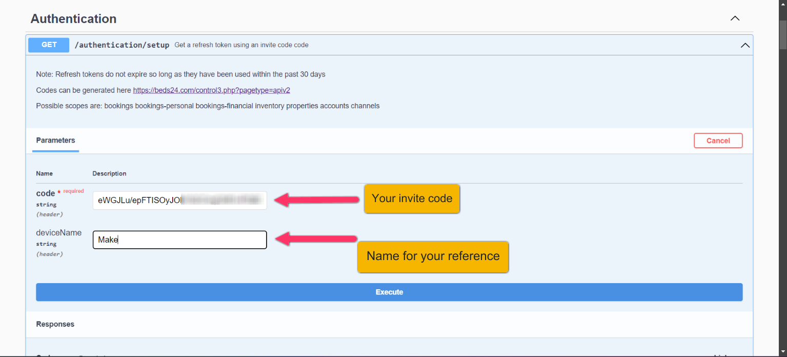 Try Out with the invite code in the Beds24 API documentation
