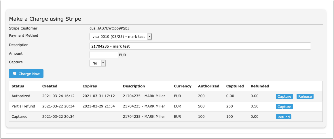 Stripe payments in a booking with capture, refund and release options