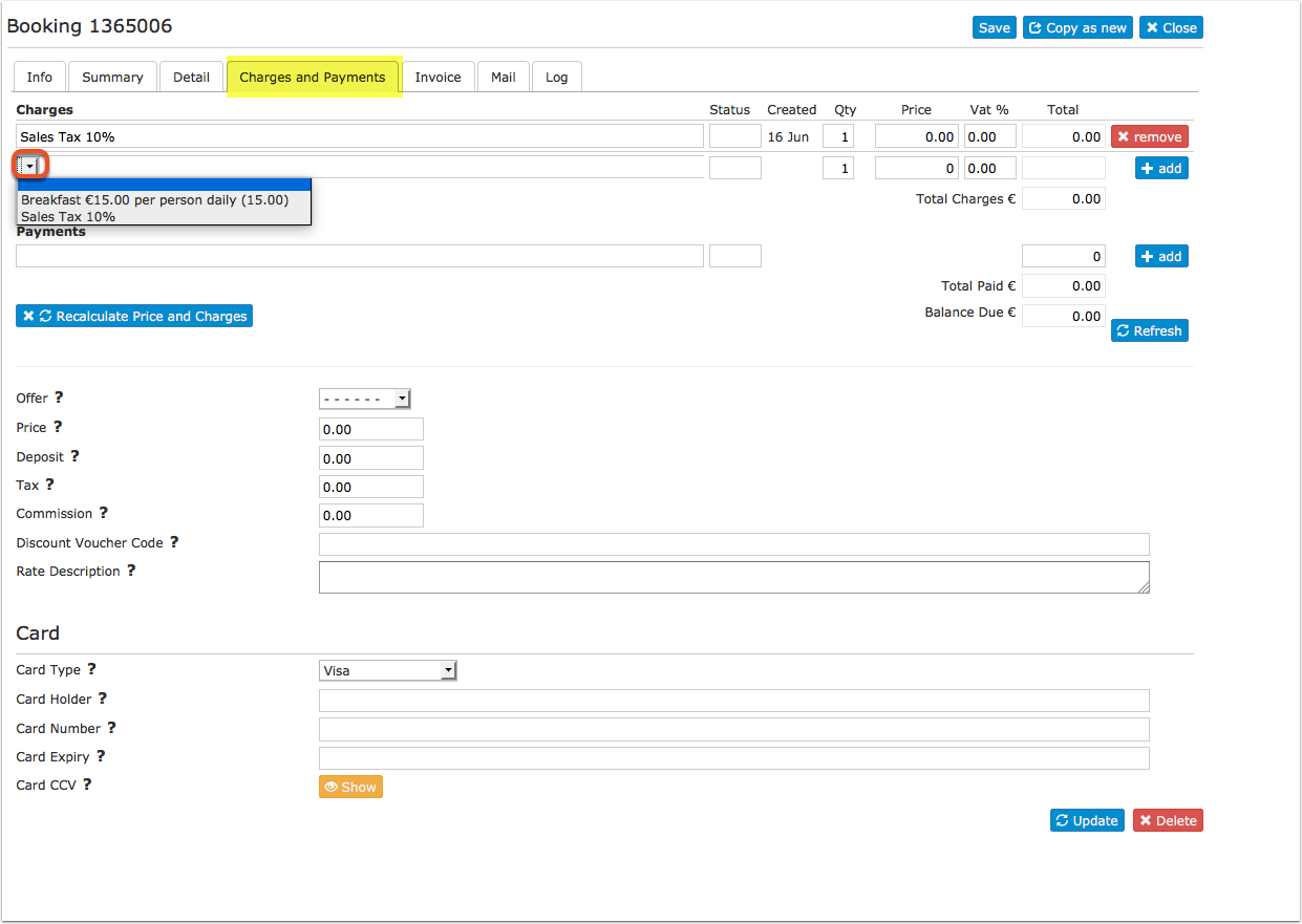 Upsell item selector in the Charges and Payments tab of a booking