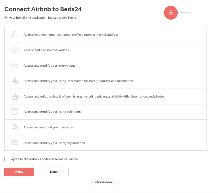 Airbnb authorisation page for Beds24
