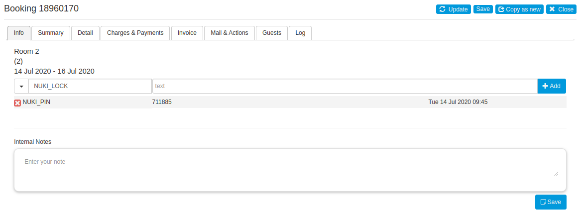 NUKI_PIN added to Booking Info Code Values in Preferences