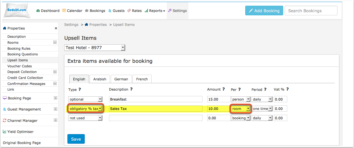 Obligatory percentage tax upsell item set per room