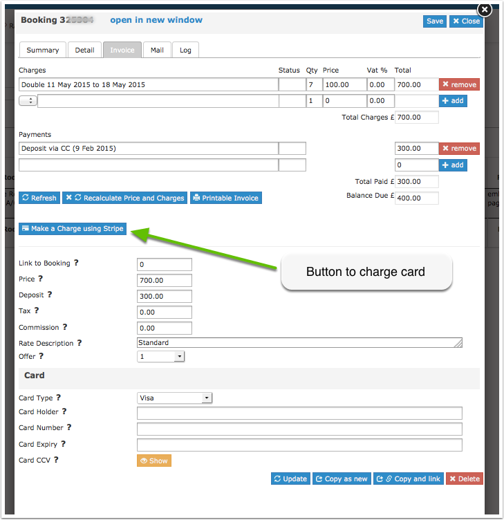Charge a card stored at Stripe from the booking