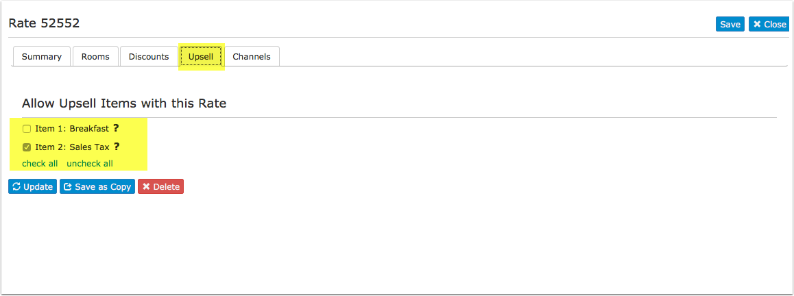 Upsell item selection in the settings of a price