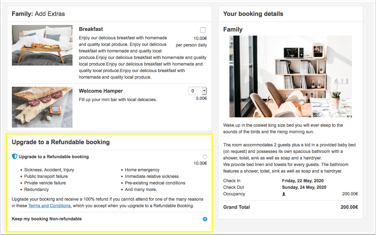 Refund Protect option on the booking page