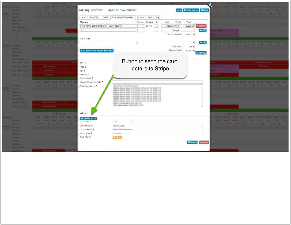 Send to Stripe button on the Charges and Payments tab of a booking