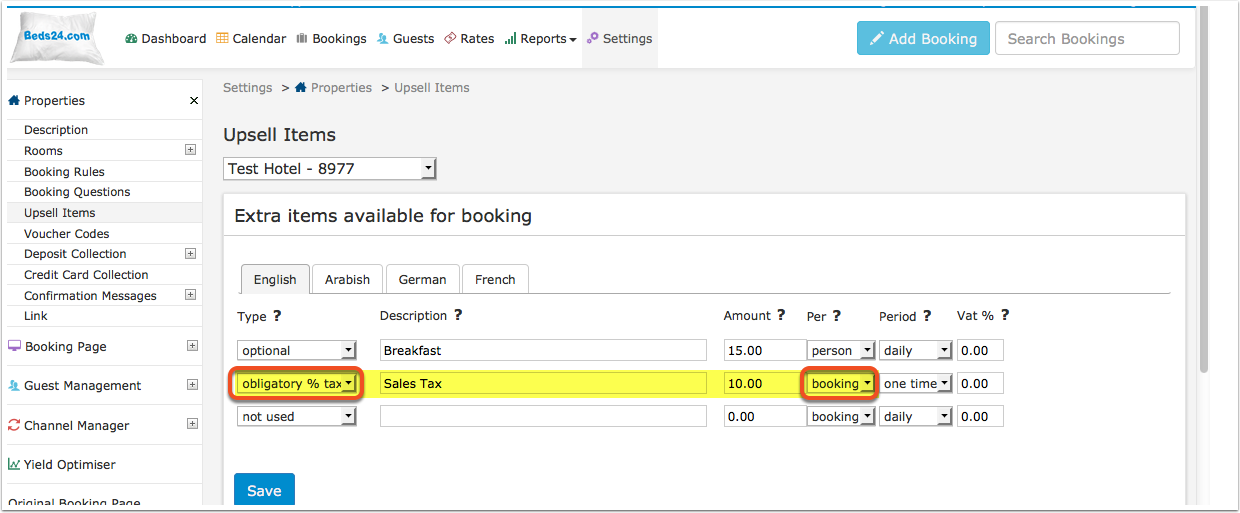 Obligatory percentage tax upsell item set per booking