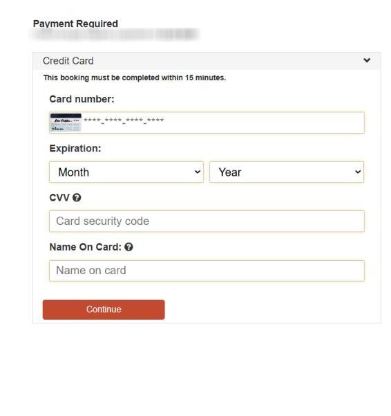 Booking page asking the guest for credit card details