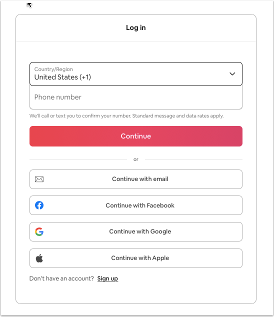 Airbnb login screen