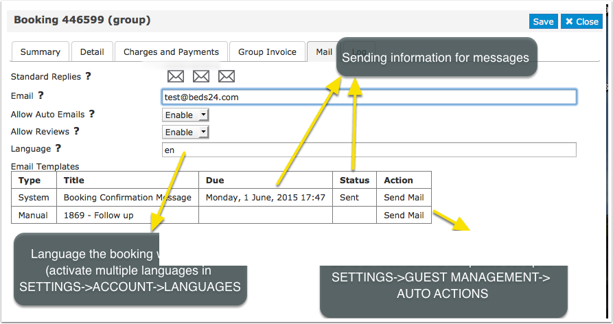 Mail tab of a booking